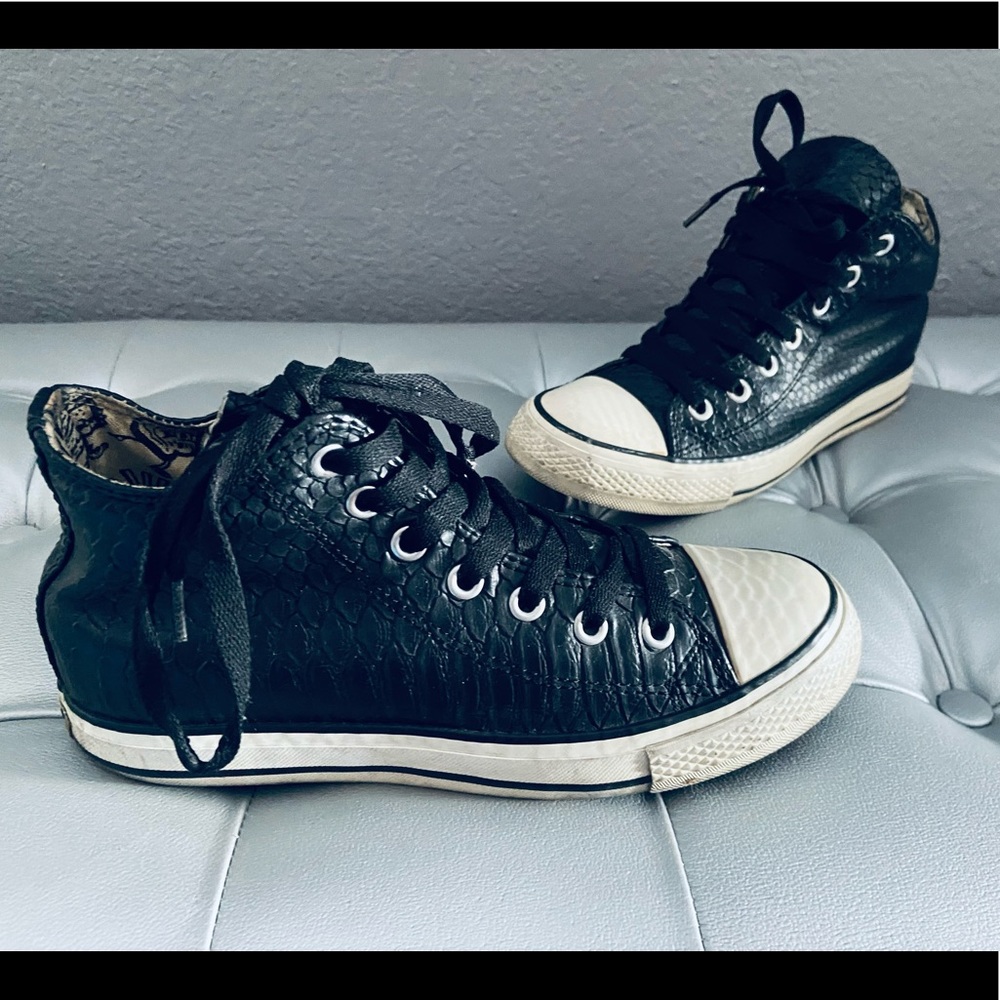 iijin Luxury Shoes Black Reptile Embossed Faux Leather PU High Top Sneakers - 37